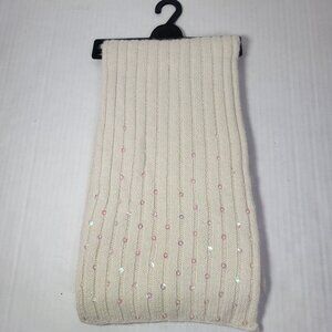 White Wool Angora Blend Knit Scarf With Pink & Iridescent Sequins
